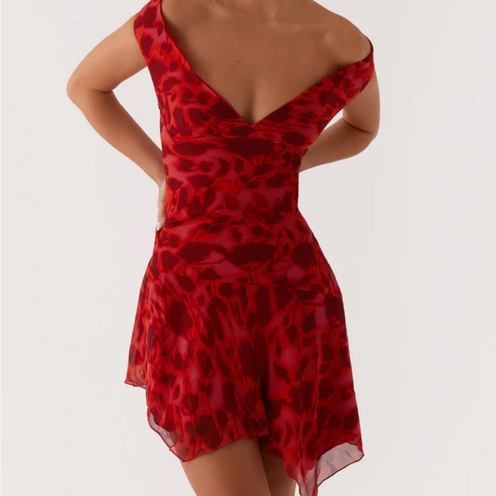 Peppermayo Alma Mini Dress - Deep Red Floral Elegant Red Off-Shoulder Dress